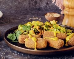 Croquetes vegan com salteado de couves-de-bruxelas